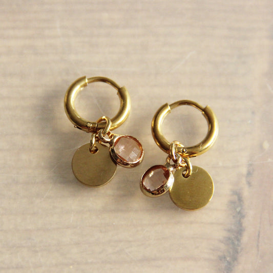 Bazou RVS creolen met plaatje en crystalhanger – peach/goud (CB367)