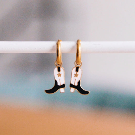 Bazou RVS creolen met cowboylaarsjes – zwart/wit– CB3140 UITVERKOCHT